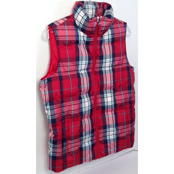 Lands End Vest Wmn S Red Plaid Feather Down Puffer Quilted Zip Preppy Outdoors - Picture 2 of 12